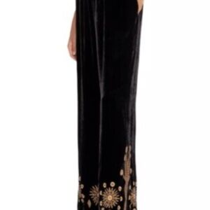 Johnny Was Black Velvet wide leg pants with Gold Embroidery